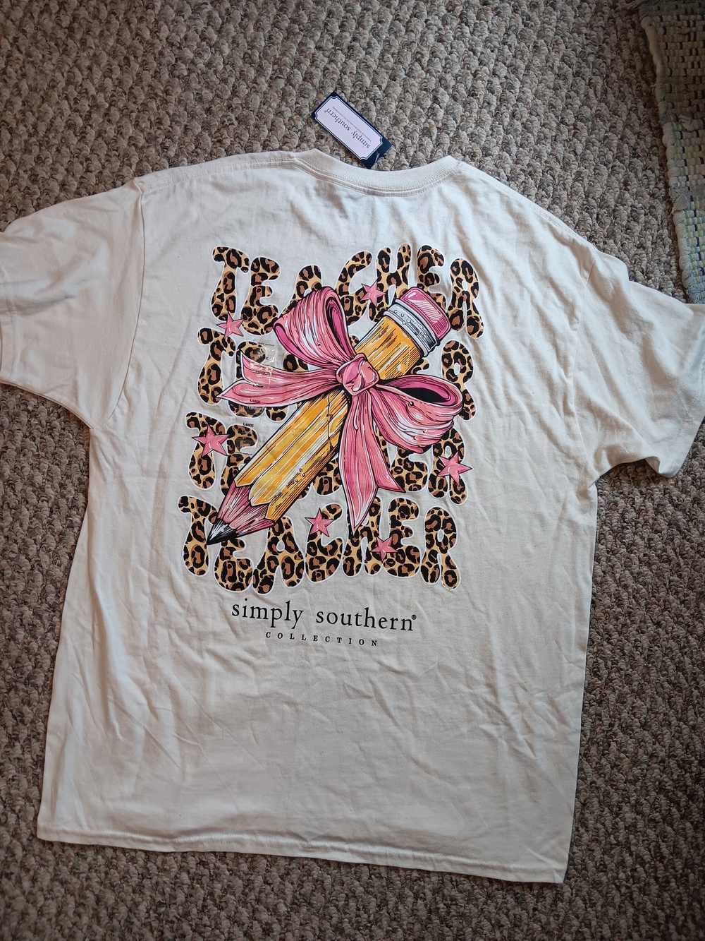 With Tags Simply Southern Cream Short-Sleeve Tee with Pink Bow & Yellow Pencil